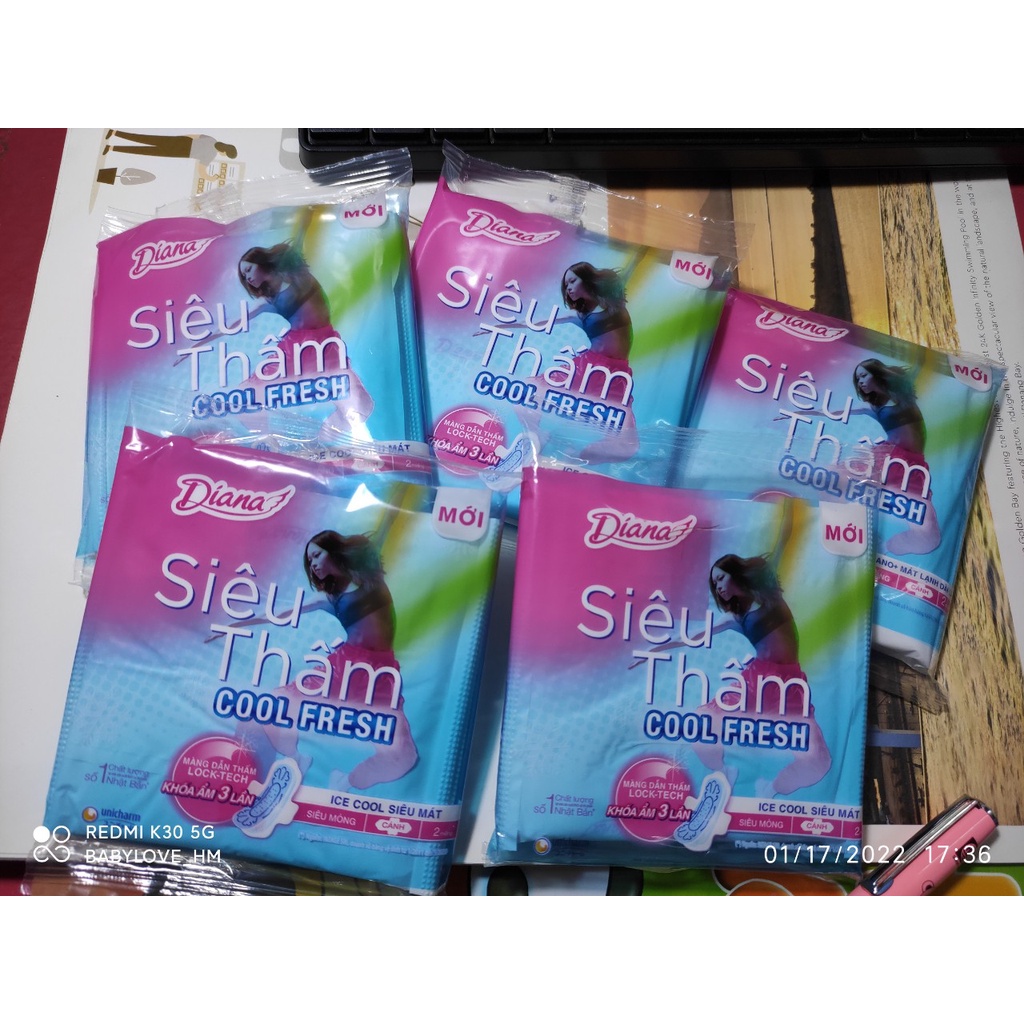 Combo 5 gói ( 2 miếng / gói ) Diana Siêu thấm Cool Fresh, siêu mỏng cánh 23cm, hàng quà tặng