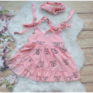 Váy đầm thiết kế cho bé gái từ 3 tháng tuổi (6-30kg) màu hồng hai dây có nơ bánh bèo