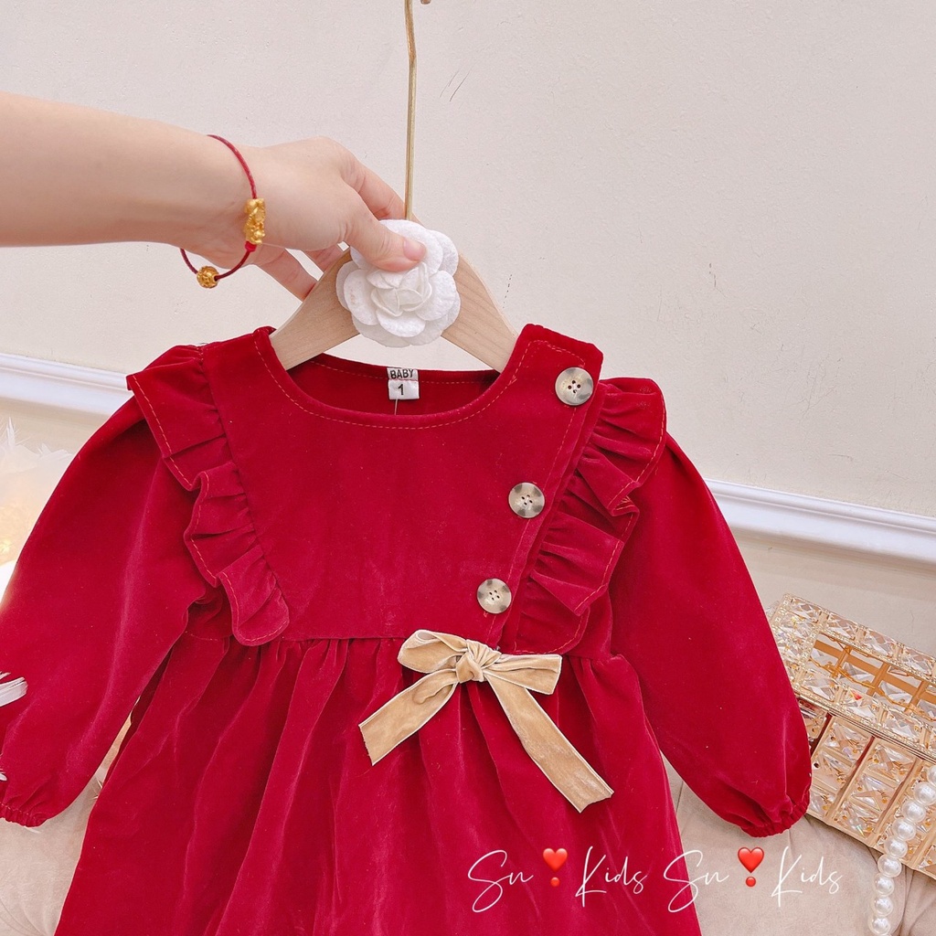 Váy nhung babydoll thắt nơ xinh xắn cho bé gái 8- 15kg