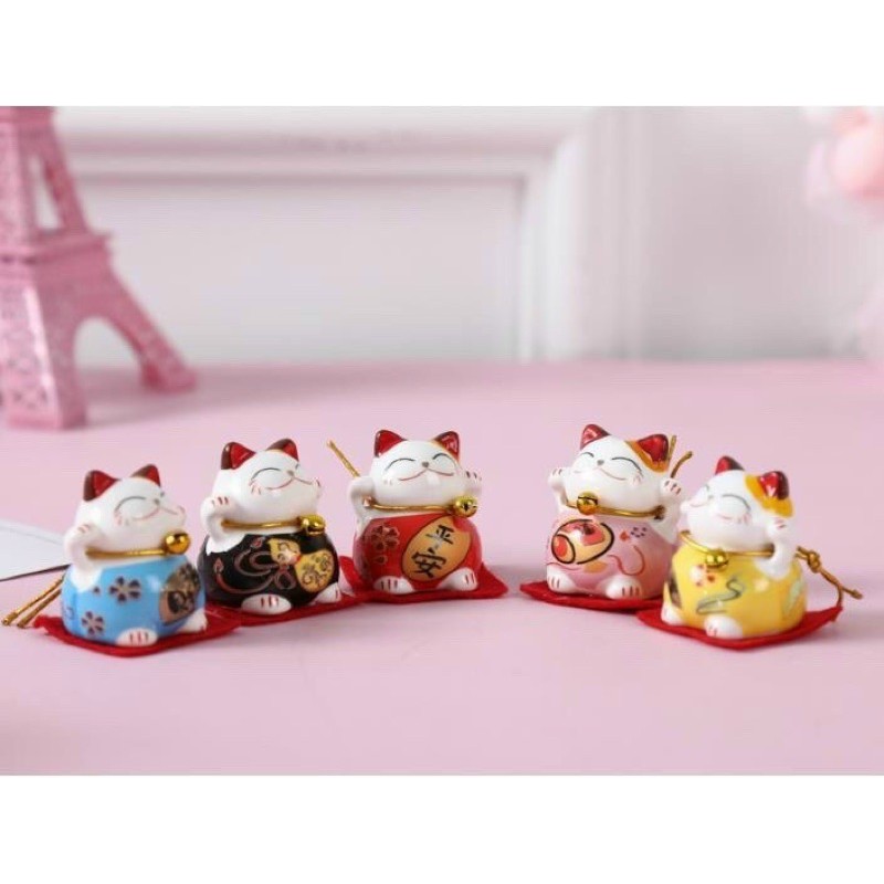 Bộ 05 mèo thần tài Maneki Mako bằng sứ cầu phúc lộc bình an decor trang trí nhà cửa, góc làm việc, xe ô tô, DIY