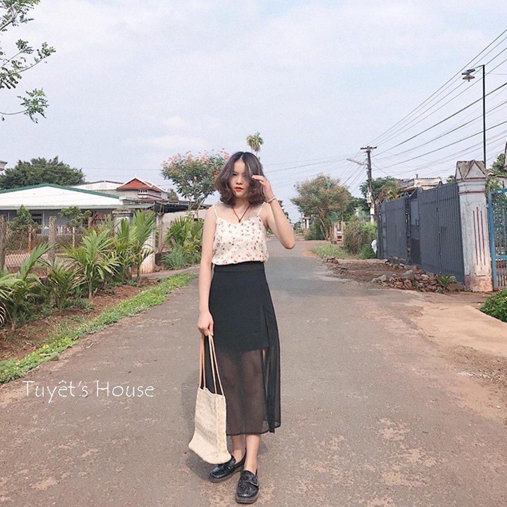 CHÂN VÁY MIDI NGẮN PHỐI VOAN XẺ TÀ E14-1