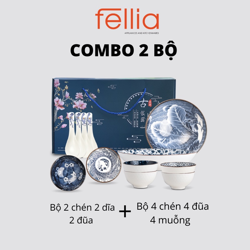 Combo 2 set Fellia tổng sản phẩm gồm 6 chén cơm 4 muỗng 2 dĩa sứ 6 đũa