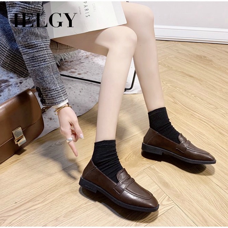Giày lười nữ IELGY bằng da mềm mũi vuông cổ điển phong cách Anh quốc