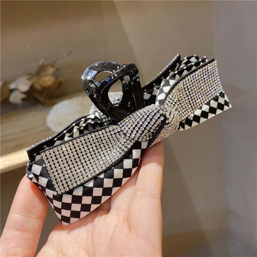 JARRED Kẹp Tóc Nơ Họa Tiết Kẻ Ô Đính Đá Màu Trắng Đen Thời Trang Cho Nữ