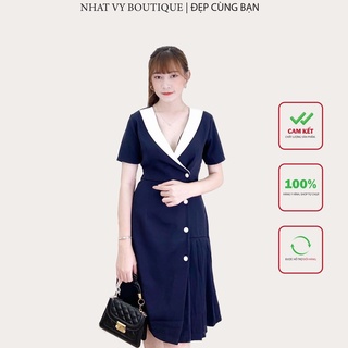 Đầm Vest Nữ NHẬT VY Tay Ngắn Cổ Chữ V Chiết Eo Dáng Xoè Dập Ly Chất Cotton Màu Xanh Đen, Nâu -  D1773