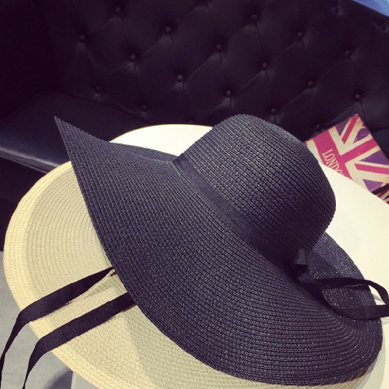 Nón Cói Rộng Vành Màu Đen Thời Trang Đi Biển Mùa Hè Cho Nữ