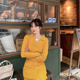 (ORDER) Váy len gân mỏng cổ bẻ POLO cài khuy ôm dáng style MORAN Hàn Quốc nhiều màu (Hàng_mới_về)