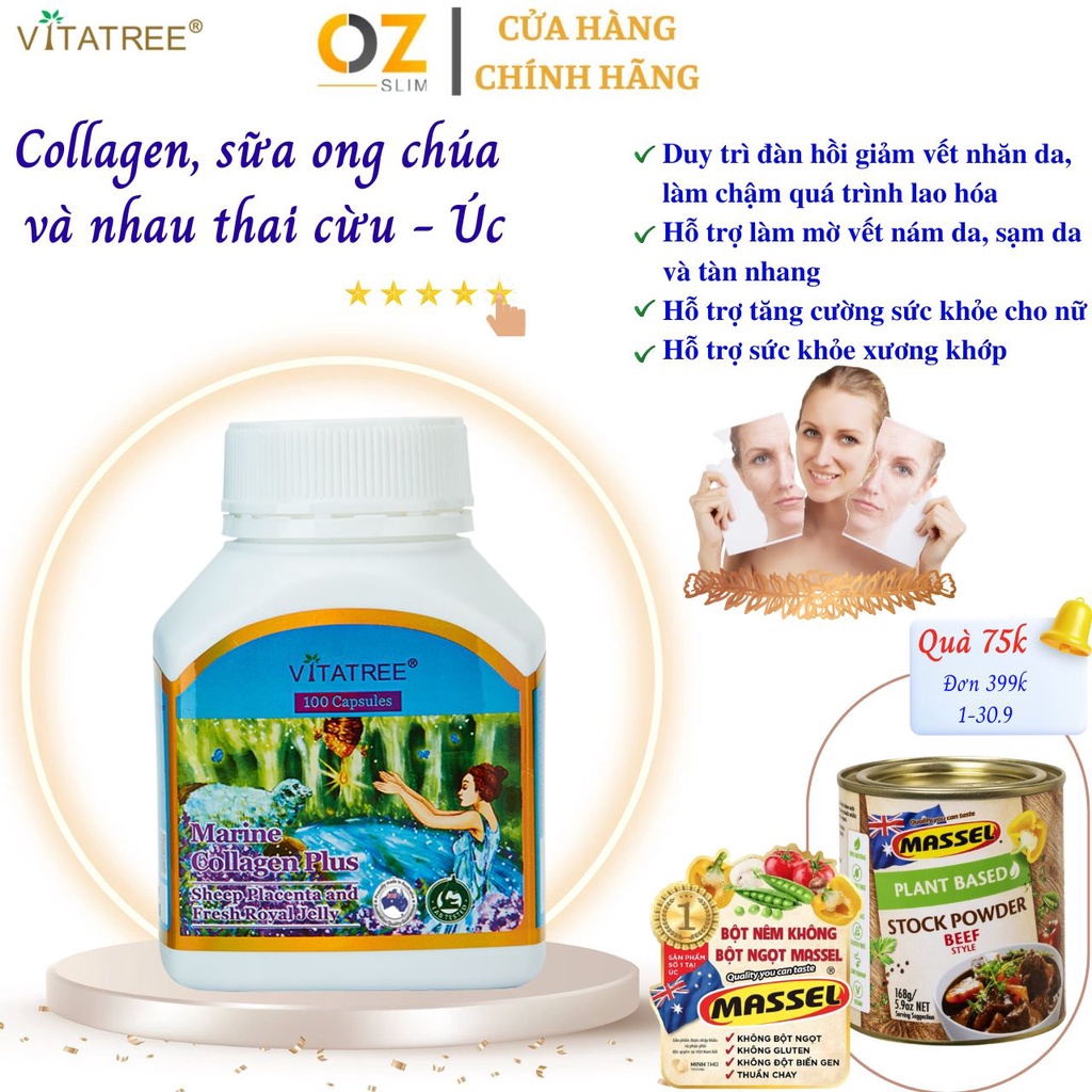 Collagen kết hợp Nhau Thai Cừu và Sữa Ong Chúa Vitatree Marine Collagen Plus Giúp Đẹp Da, Mượt Móng, Xương Khớp, Sinh lý