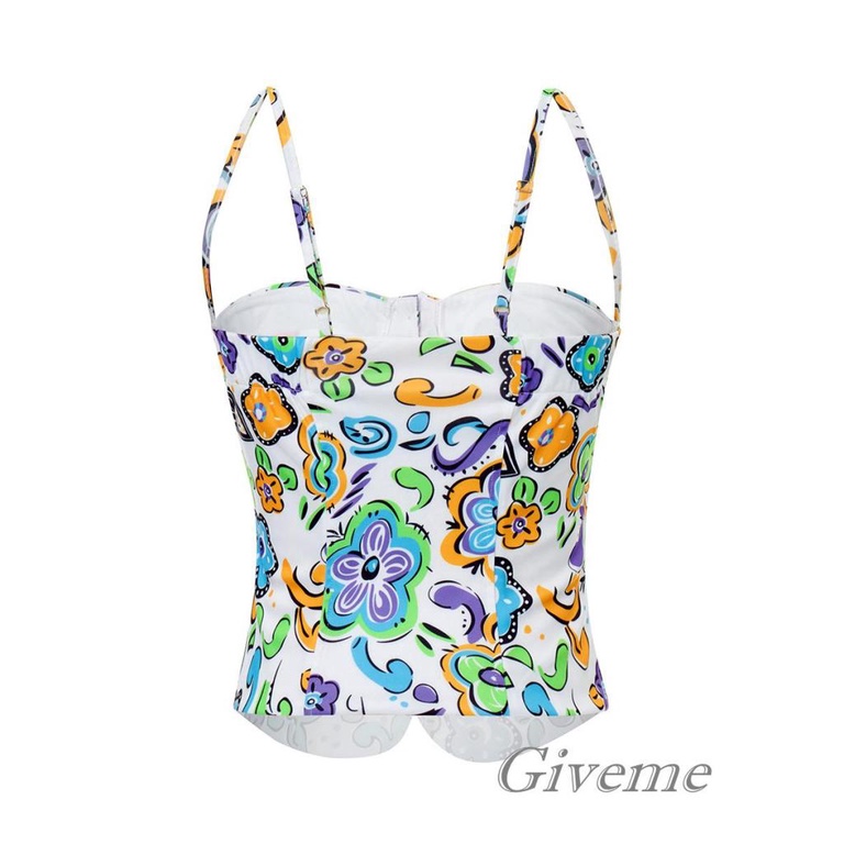 Áo Tank Top Không Tay In Họa Tiết Hoa Hoạt Hình Khoét Sâu Gợi Cảm