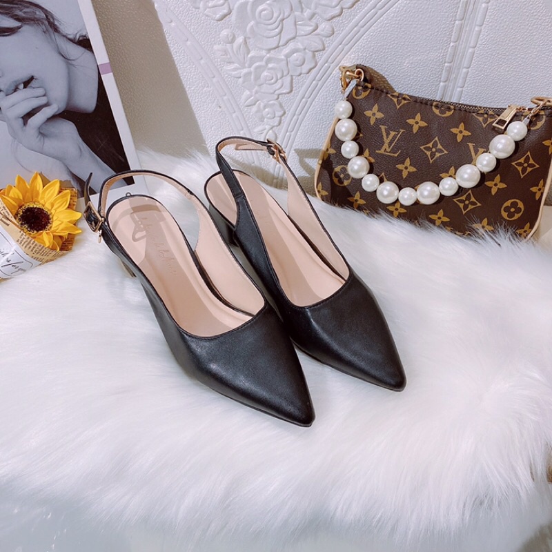 [Xả hàng] Giày sandal bít mũi công sở gót vuông điểm viền vàng kiểu dáng cổ điển