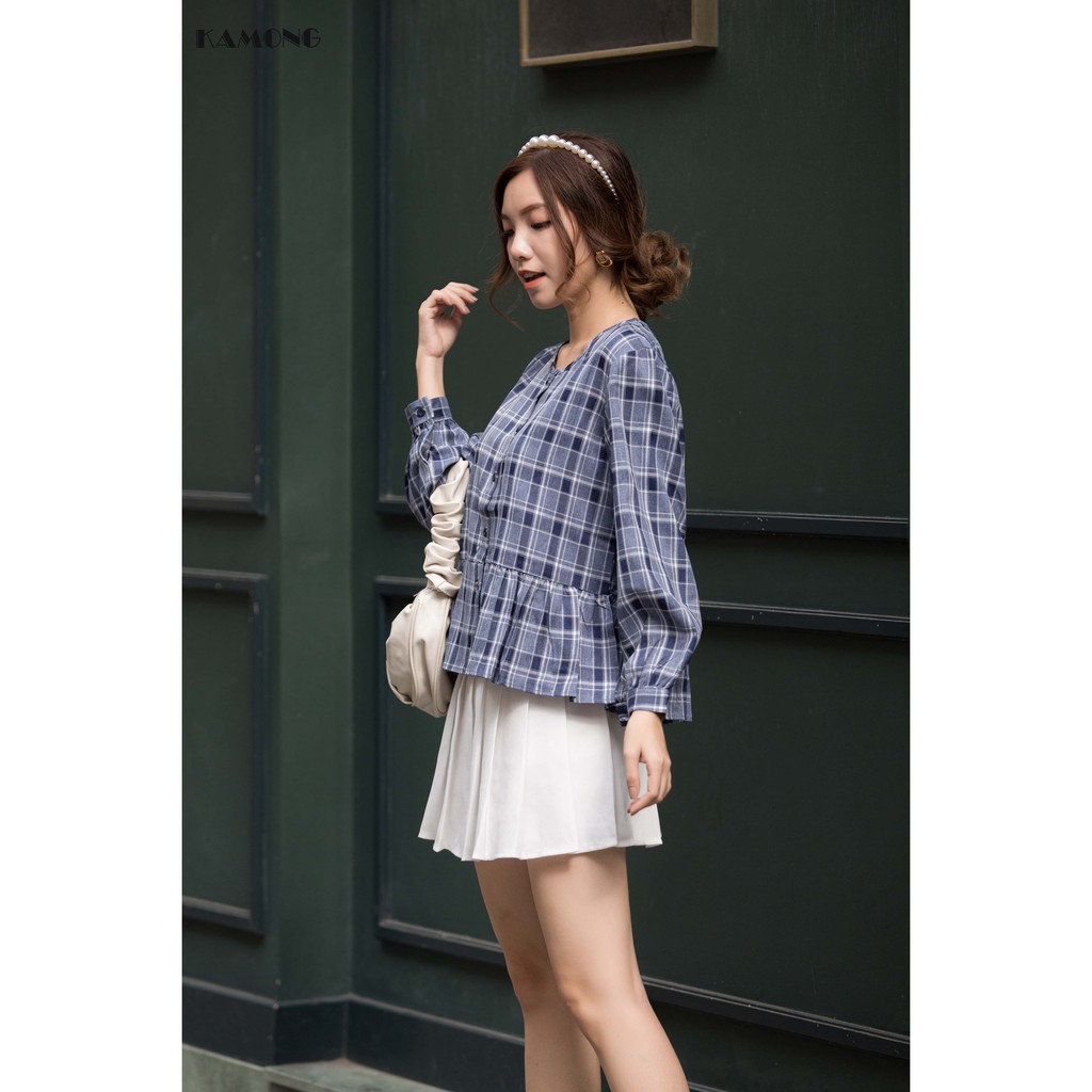 Áo kiểu caro babydoll tay dài nhún bèo KAMONG A025 | BigBuy360 - bigbuy360.vn