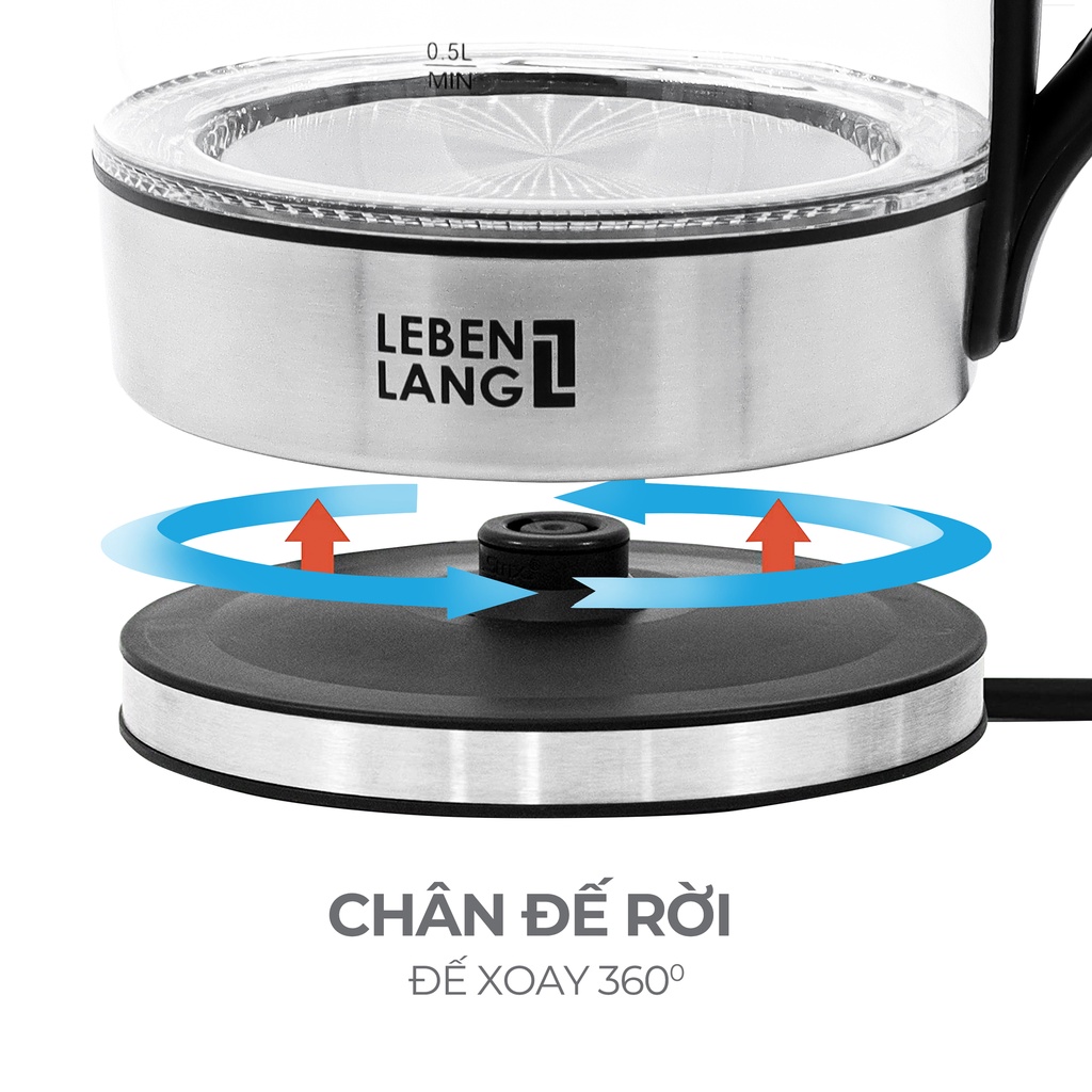 Ấm siêu tốc bình siêu tốc thủy tinh LEBENLANG LBWE2626 1.8 lít công suất 2200W bảo hành đổi trả trong 2 năm