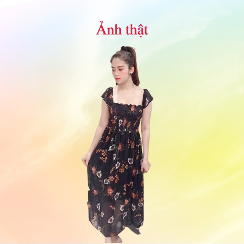 Váy maxi hoa cánh tiên bo nhún ngực freesize chất voan 2 lớp kimhoa77