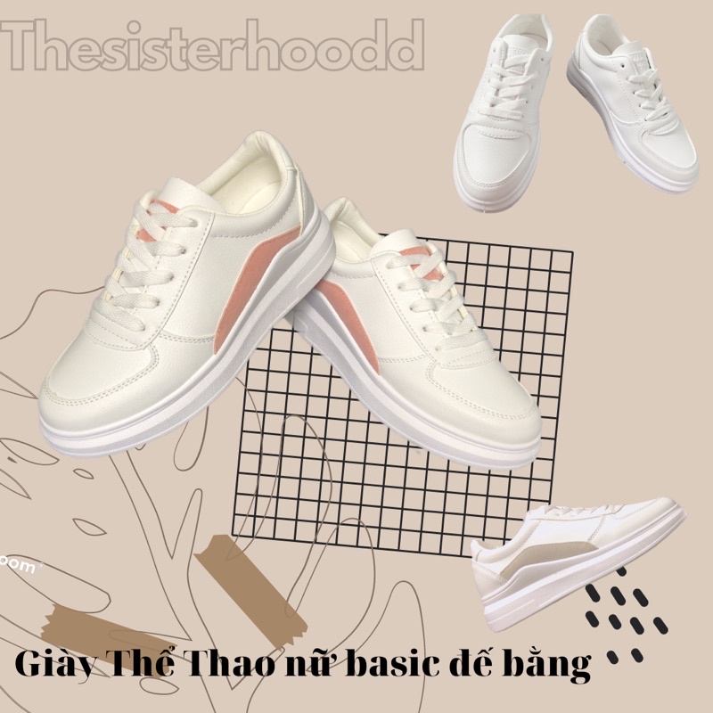 Giày Thể Thao Nữ Trắng Phối Màu Đế Bằng Basic