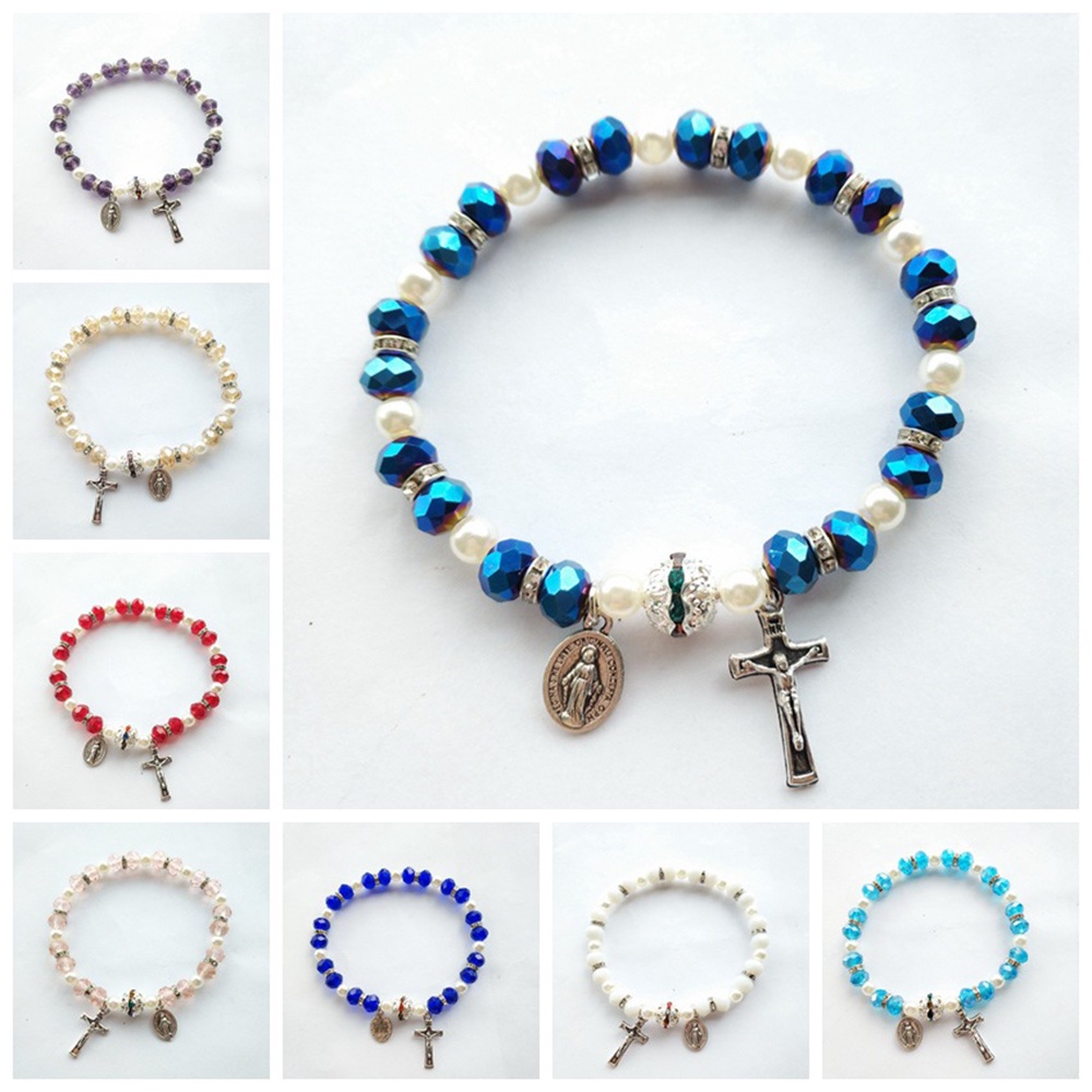 Vòng Tay Chuỗi Hạt Ngọc Trai Nhân Tạo Màu Xanh Dương Thánh Giá Đức Mẹ Mary Miraculous Medal Crucifix Charms