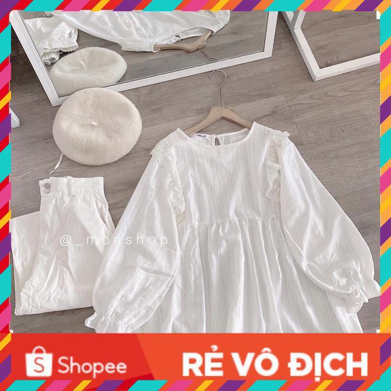 áo sơ mi trắng chất thô ren bánh bèo