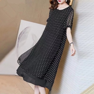 Đầm Midi tay ngắn cổ tròn hoạ tiết chấm bi