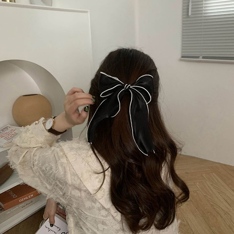 Kẹp tóc nơ vải Hàn Quốc viền hạt châu xinh xắn cho nữ