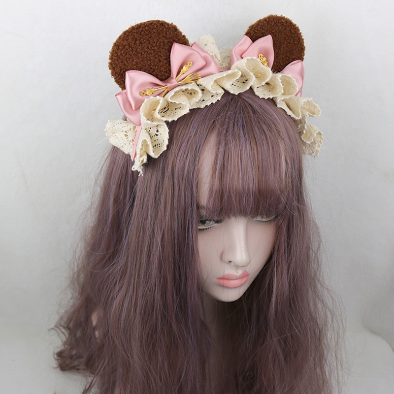 Băng Đô Tai Gấu Bông Nhún Bèo Phối Ren Phong Cách Lolita Nhật Bản