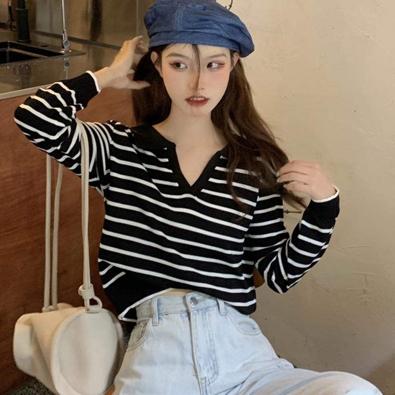 Áo len tay dài dáng rộng họa tiết kẻ sọc phong cách retro Hàn Quốc cho nữ