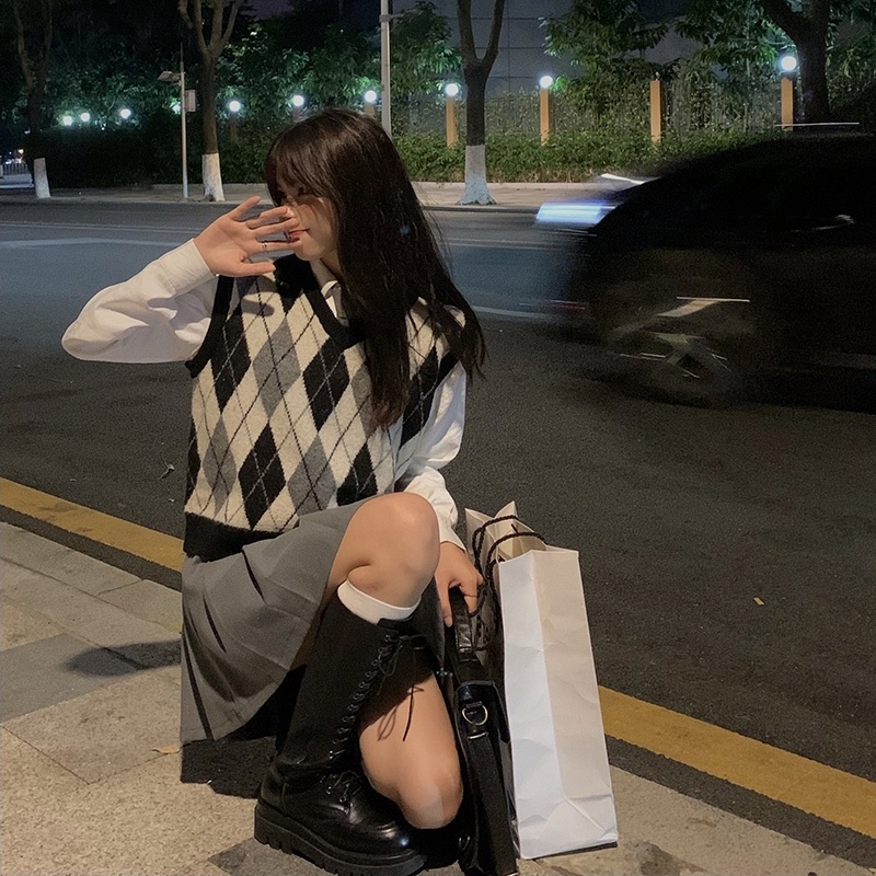 【ZHELIHANGFEI】Áo Len Không Tay Form Rộng Họa Tiết Kim Cương Theo Phong Cách Preppy Dễ Phối Đồ