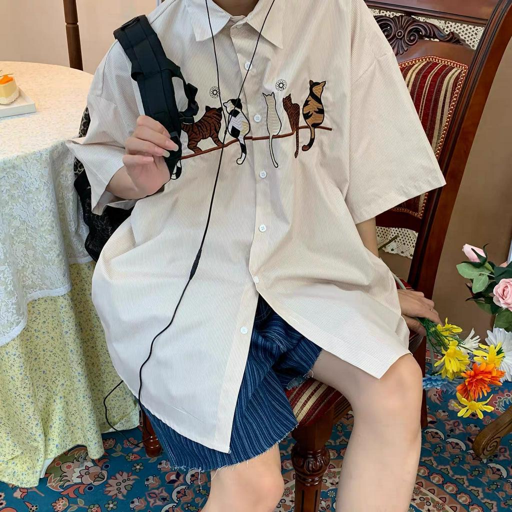 Áo Sơ Mi Tay Ngắn Dáng Rộng Hình Mèo Đơn Giản Kiểu Hàn Quốc Cho Nam（không thêu）