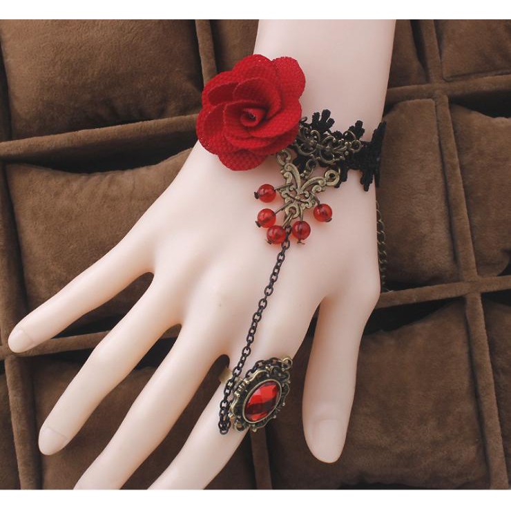 Vòng tay liền nhẫn vòng ren hoa hồng đỏ