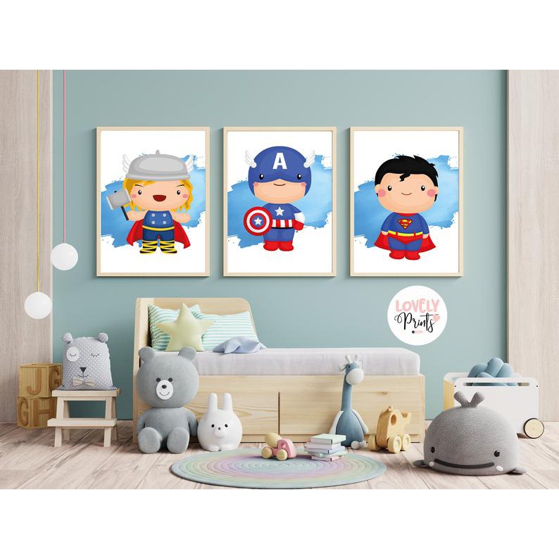 Bộ Tranh Các Siêu Anh Hùng Thor, Captain America, Superman Cực Kỳ Dễ Thương-Tranh Canvas Decor Phòng Ngủ Cho Bé