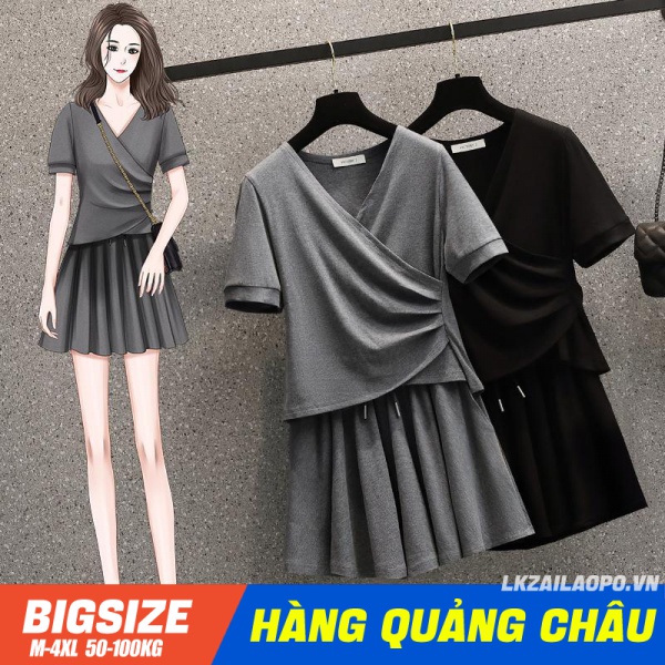 Set bộ đồ nữ ⚡️𝐁𝐈𝐆𝐒𝐈𝐙𝐄⚡️ Áo thun dáng suông tay ngắn cổ chữ v kết hợp quần short nữ quần đùi lưng cao cạp cao xếp ly mùa hè Phong cách Hàn Quốc Thời Trang tiểu thư cá tính xinh đẹp cho người mập béo