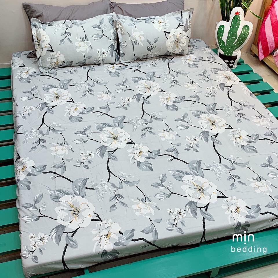 Bộ ga chun và 2 vỏ gối cotton poly Emmidecor - Mẫu hoa ghi siêu đẹp