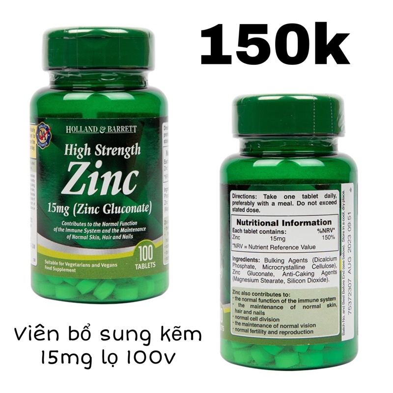 Viên bổ sung kẽm Zinc 15mg Holland & Barrett