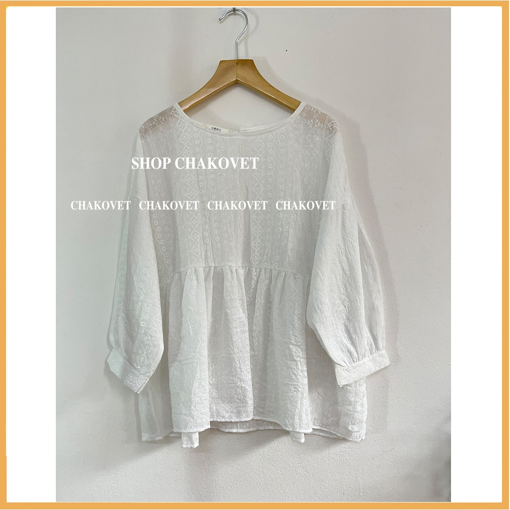 Áo sơ mi nữ tay dài form rộng CKA877, kiểu áo nữ dáng babydoll cổ tròn tay bồng hoa văn dập nổi style hàn quốc cực xinh