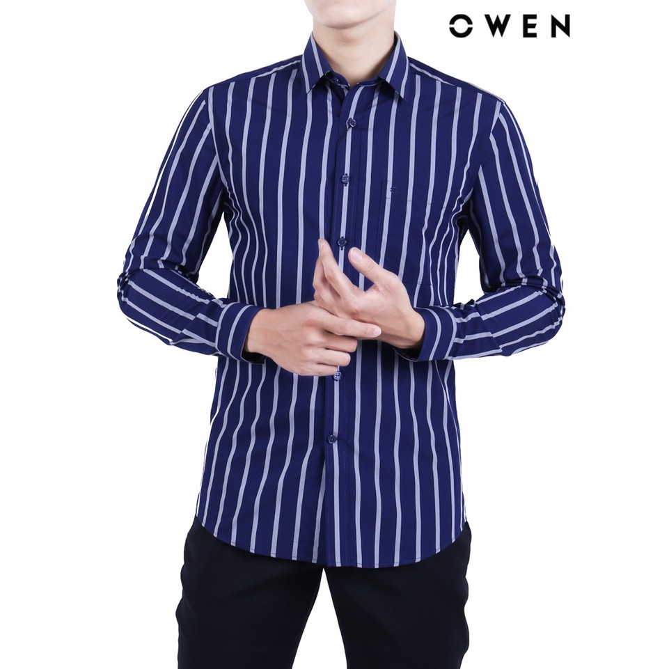 Áo sơ mi dài tay OWEN Bạch đàn Regularfit có túi màu xanh sọc - AR20748DT