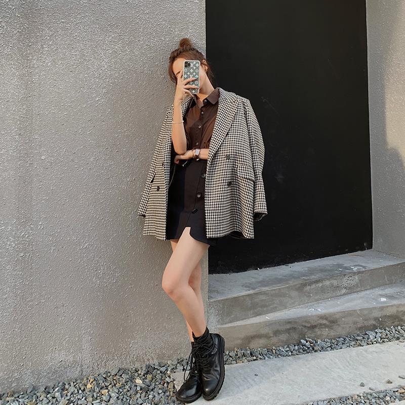 Áo Blazer Retro Plaid Korean Chic Print Double-breasted Blazer Women