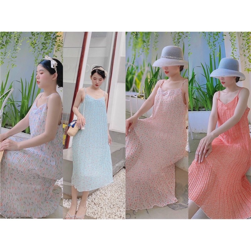 Đầm suông hai dây dập ly voan hoa nhí siêu xinh hình thật mẫu mặc và video