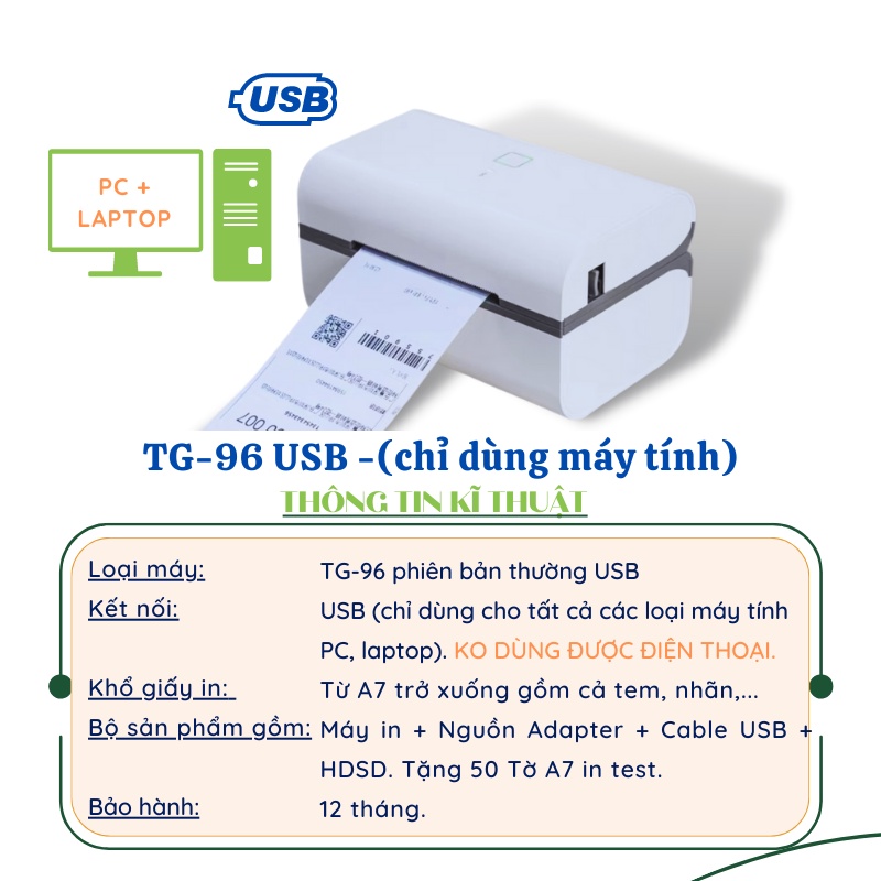 Máy in nhiệt TG-96BT  kết nối Bluetooth In Đơn Hàng bằng Điện Thoại, sàn TMĐT, Tem, Mã Vạch,