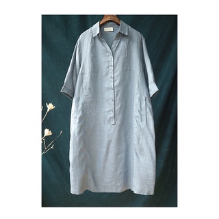 Đầm suông công sở Linen cổ đức 2 túi bổ cơi SLINEN, chất vải Linen bột Premium, form suông giấu bụng.