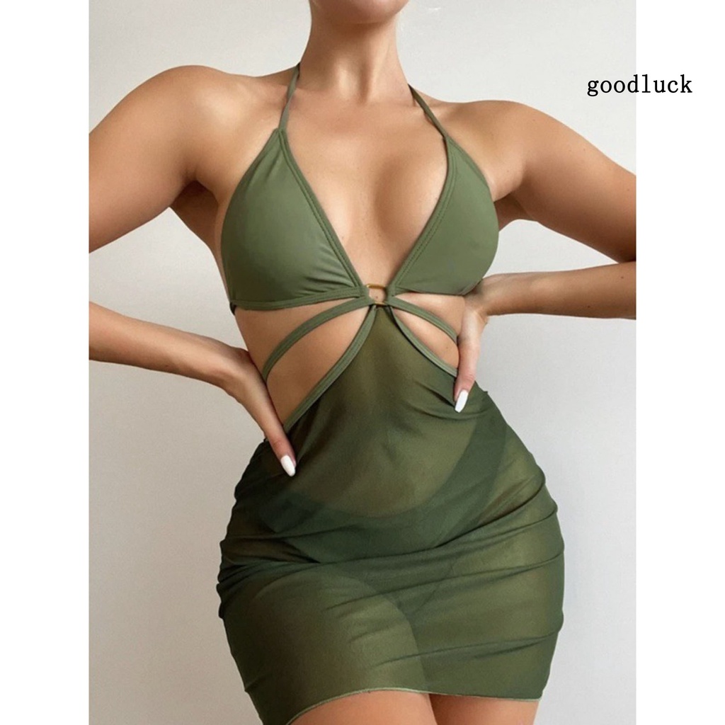 Bộ Đồ Bơi 3 Mảnh Hở Lưng Màu Trơn Thời Trang Cho Nữ