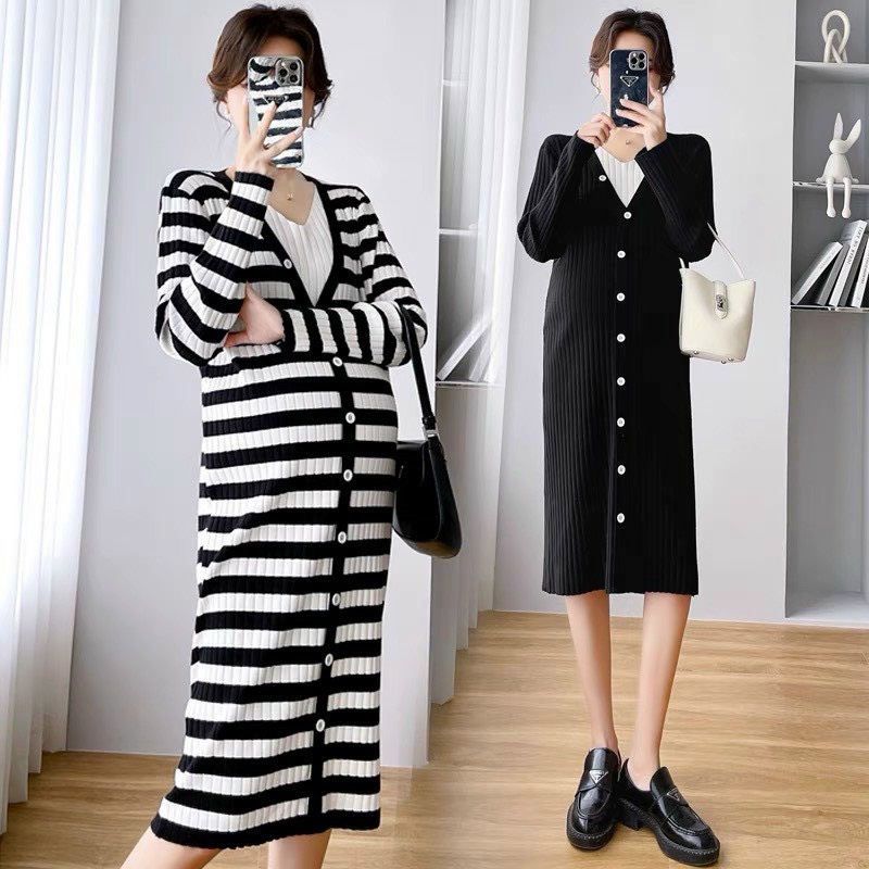 Váy len suông khuy dọc phối cổ V bầu bigsize mặc được