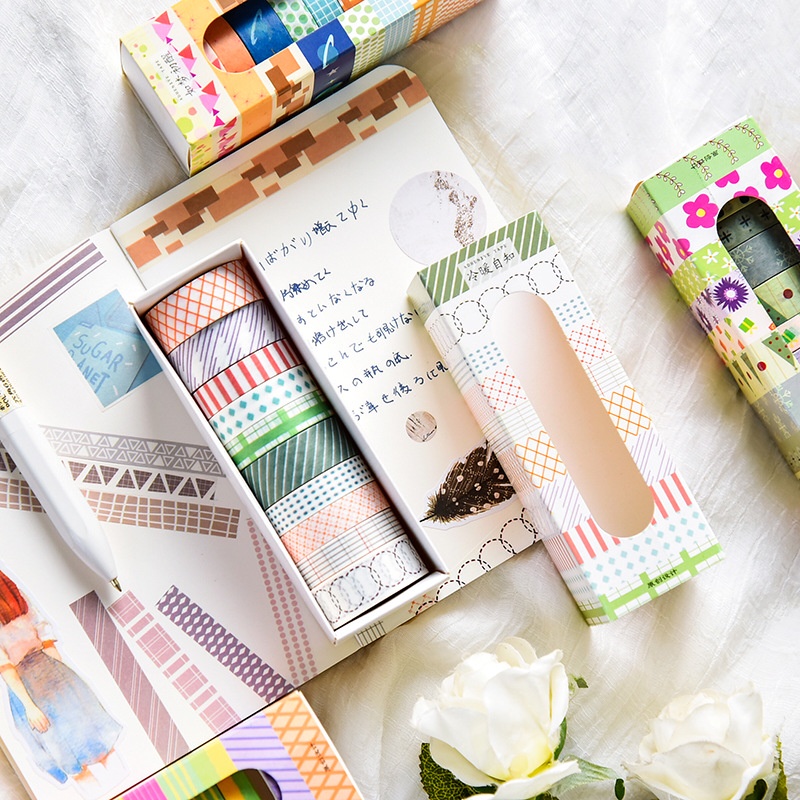 Washi tape hộp 10 cuộn băng dính họa tiết màu cơ bản  trang trí sổ tay butllet journal, album