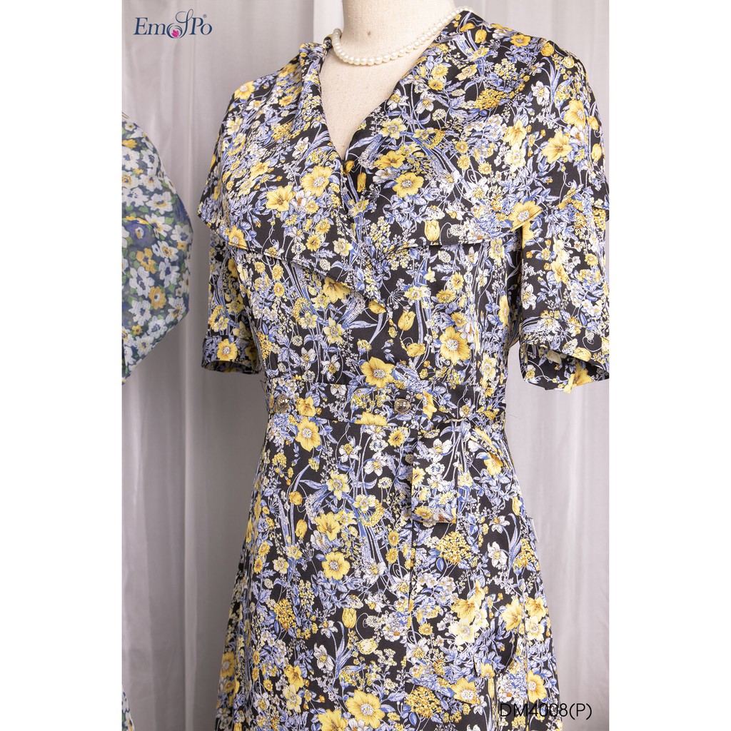 Đầm hoa xòe Emspo, giao cúc mở vạt, buộc nơ eo, cổ bẻ lá cổ bản to DM4008