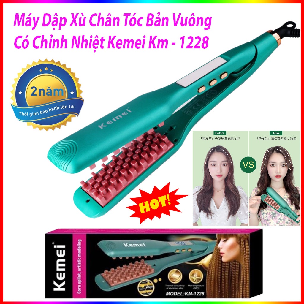 Máy Làm Tóc, Máy Dập Xù Chân Tóc Bản Vuông Có Chỉnh Nhiệt Kemei Km - 1228, Bảo Hành 24 Tháng