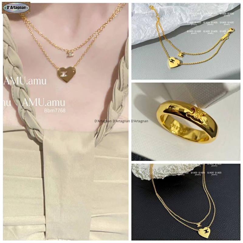 {Boutique Hàng Có Sẵn} C Bộ Trang Sức Nhẫn / Vòng Tay / Nhẫn Bằng Đồng Thau Mặt Hình Trái Tim Màu Vàng Kim Phong Cách Hàn Quốc 2022 Phong Cách Retro Thanh Vòng cổ dễ thương cá tính thương hiệu sang trọng