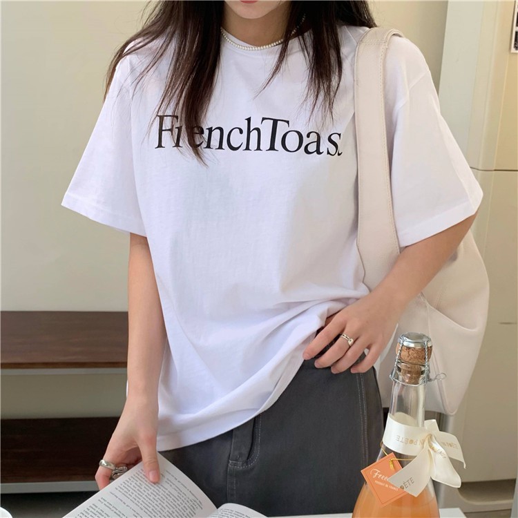 Áo thun Nữ Tay Ngắn Cổ tròn In chữ Cotton Form rộng Ulzzang Hàn Quốc Áo Phông thun nữ Ngắn tay Mùa Hè Thời trang