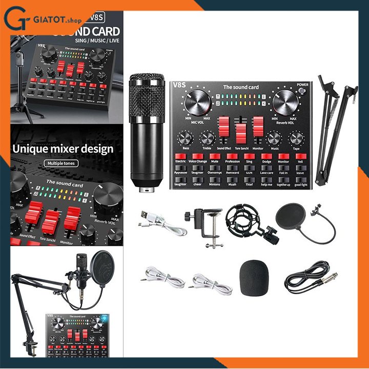 Trọn bộ sound card âm thanh V8S micro thu âm BM900 kẹp mic màng lọc dây livestream