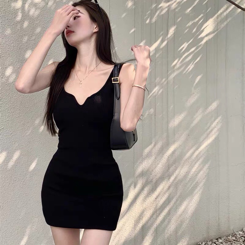 Đầm Váy bA Lỗ Body SÁT NÁCH CỔ XẺ V ba lỗ Nữ Thun Gân Kiểu Đẹp Ôm Gợi Cảm