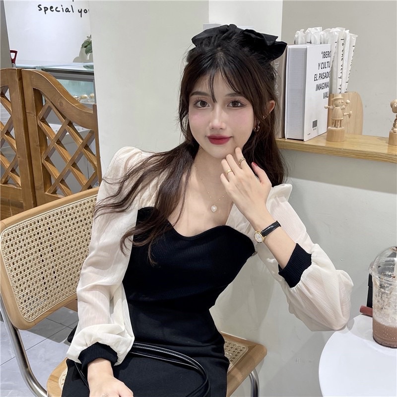 Áo Len Tăm Cổ Vuông Phối Tay Voan siêu Xinh, Áo Bánh Bèo,Áo Len Tăm