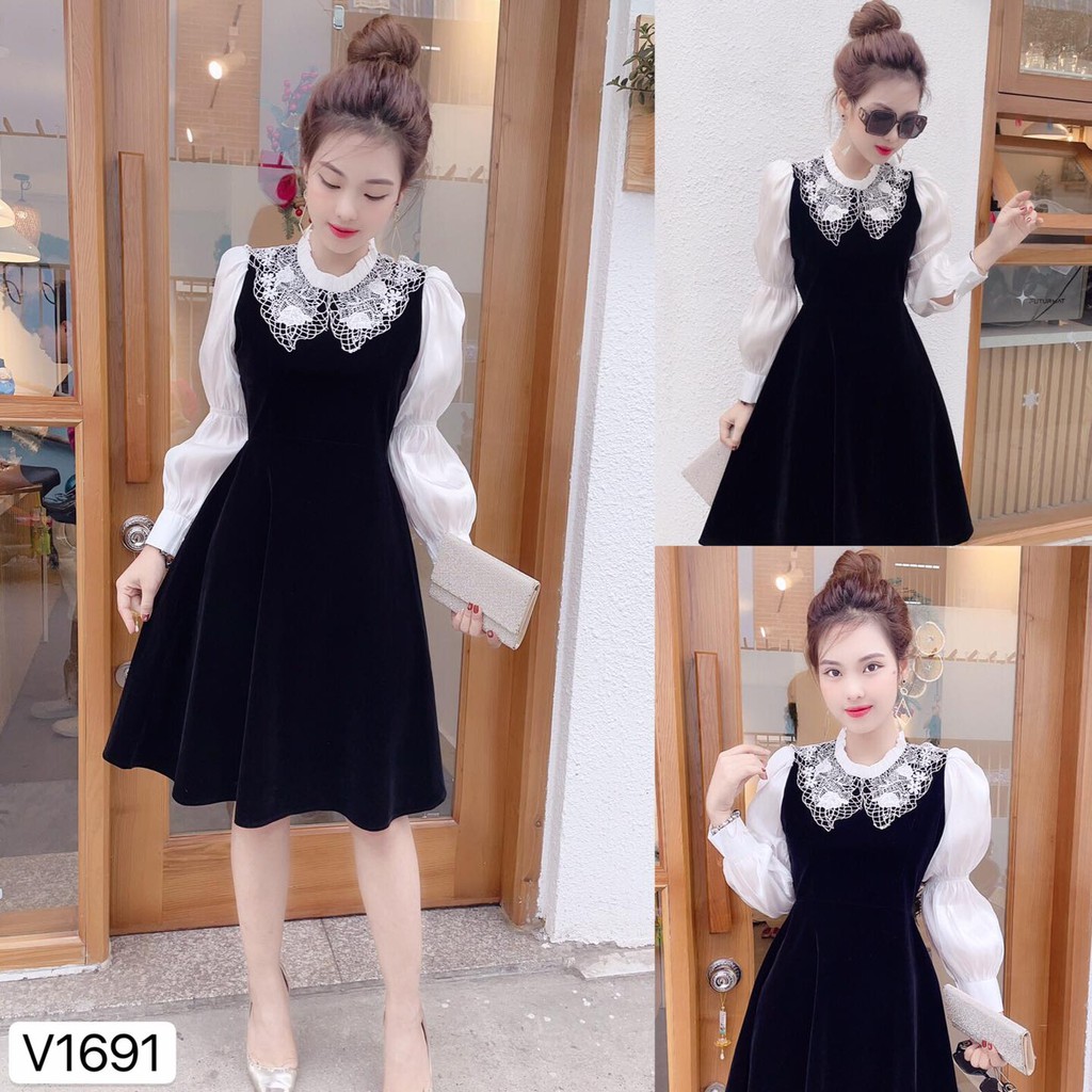 Váy Nhun đen tay voan trắng 1691 - DVC (ảnh thật trải sàn và mẫu mặc shop tự chụp) đầm nữ váy đi biển | BigBuy360 - bigbuy360.vn