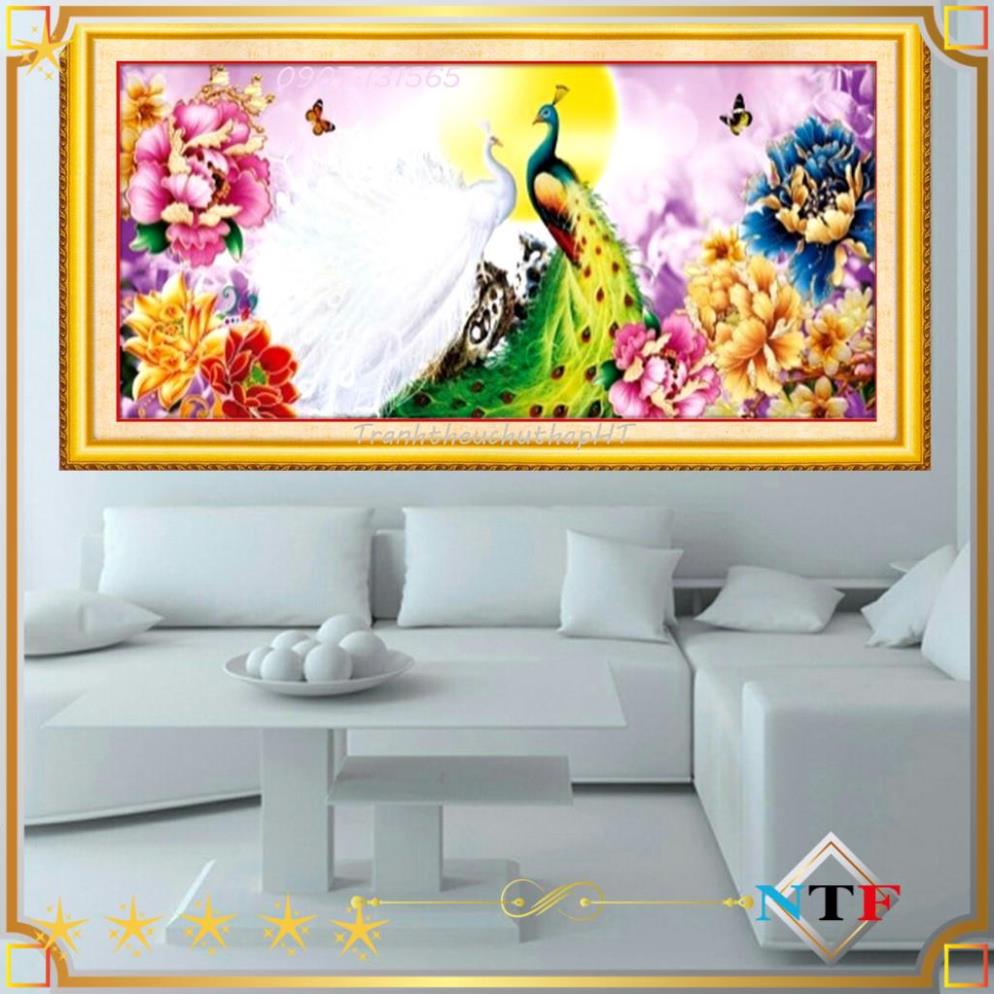 Tranh thêu chữ thập con công hoa mẫu đơn LV3257 - tự thêu