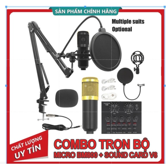 [ SALE LỚN ] COMBO Micro Thu Âm Giá Rẻ BM800 + Soud Card V8 kèm đầy đủ phụ kiện